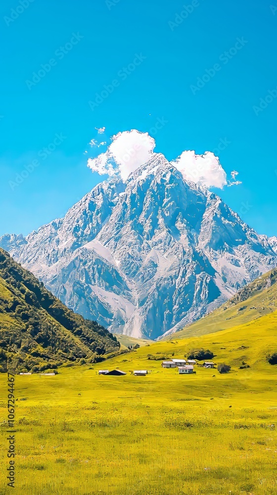 Obraz premium A stunning mountain landscape with green valleys and a clear blue sky.