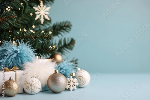 A festive scene featuring a decorated Christmas tree with elegant ornaments and fluffy accents against a tranquil blue background. photo