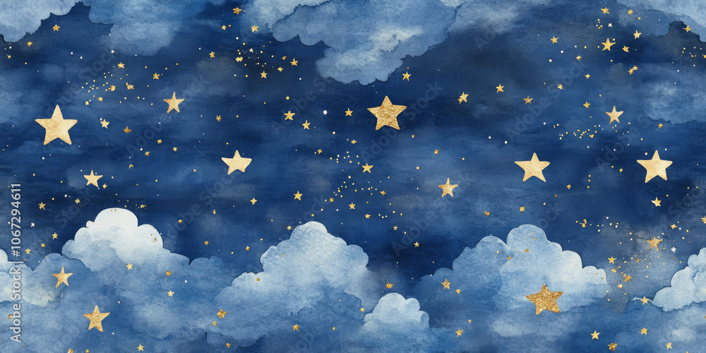 Seamless celestial watercolor pattern with gold foil stars and constellations floating among soft, cloudy textures on a dark blue night sky