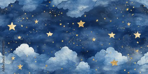 Obraz na płótnie Seamless celestial watercolor pattern with gold foil stars and constellations floating among soft, cloudy textures on a dark blue night sky w salonie