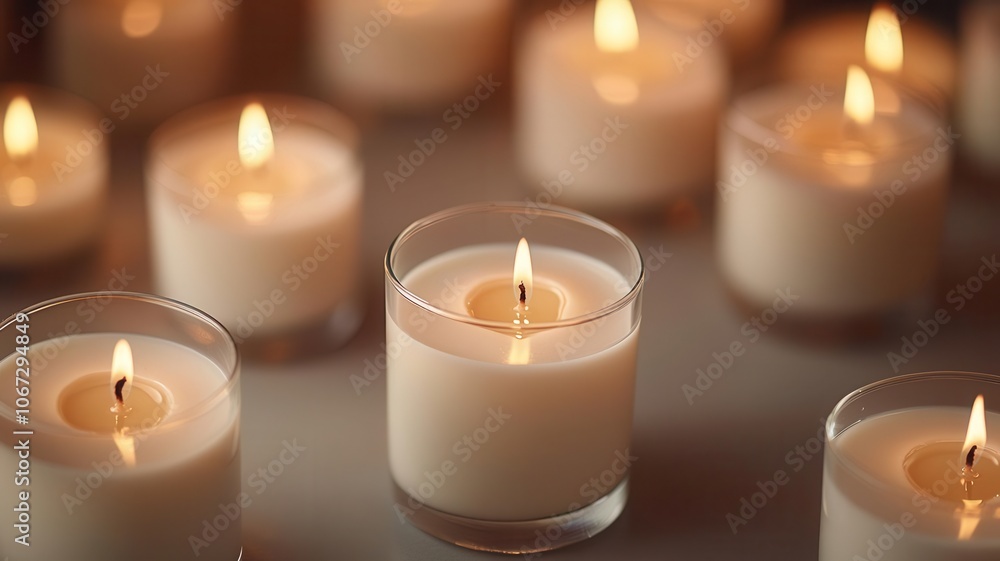 A serene arrangement of white candles, flickering softly, creating a warm and cozy ambiance. A serene arrangement of white candles, flickering softly, creating a warm and cozy ambiance.