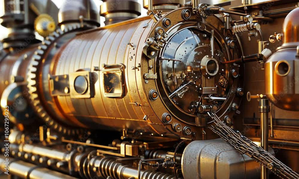 Close-up of a steampunk locomotive with a circular window Close-up of a steampunk locomotive with a circular window