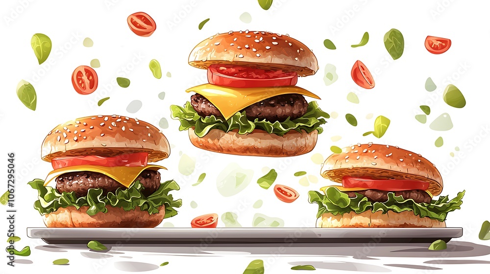 Gourmet Burgers on a Tray with Fresh Ingredients Gourmet Burgers on a Tray with Fresh Ingredients