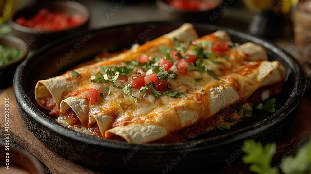 Three different cheese enchiladas piled together, garnished with diced tomatoes and cilantro. Three different cheese enchiladas piled together, garnished with diced tomatoes and cilantro.