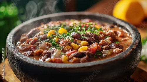 Stew in a pot, ready to be served. photo