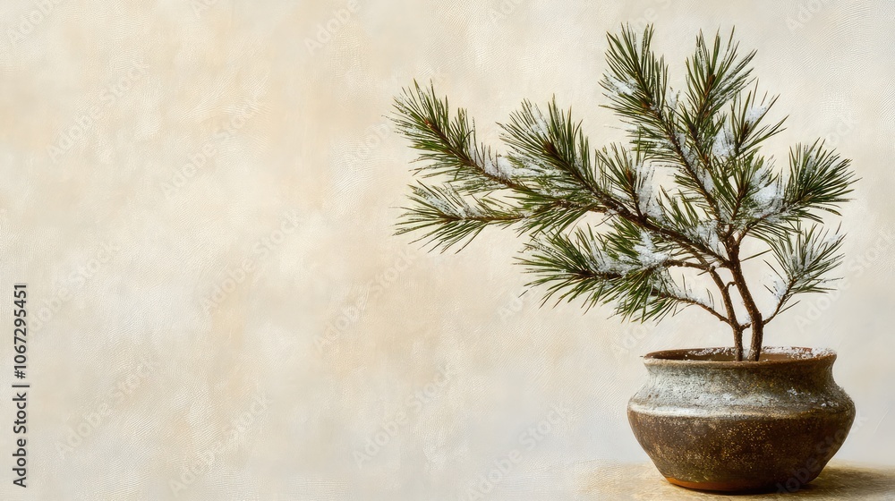 Close-up of a single pine needle branch in a ceramic pot, with subtle snow-like accents, against a soft-toned background. Close-up of a single pine needle branch in a ceramic pot, with subtle snow-like accents, against a soft-toned background.