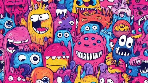 Colorful Seamless Pattern of Monster Doodles - Fun and Whimsical Cartoon Creatures for Kids and Creative Projects