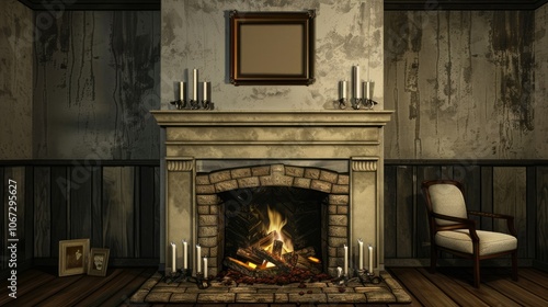 a fireplace with firewood and candelabras on it