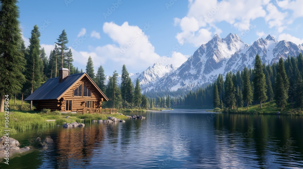 Fototapeta premium Scenic Mountain Lake with Cozy Log Cabin and Pine Forest in Tranquil Wilderness.