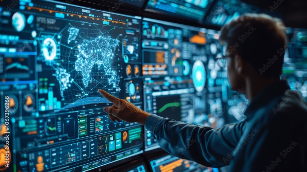 Business Professional Analyzing Data on Multiple Digital Screens to Mitigate Risks and Enhance Decision-Making Processes Business Professional Analyzing Data on Multiple Digital Screens to Mitigate Risks and Enhance Decision-Making Processes