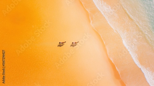 Aerial view of camels on golden beach with gentle waves