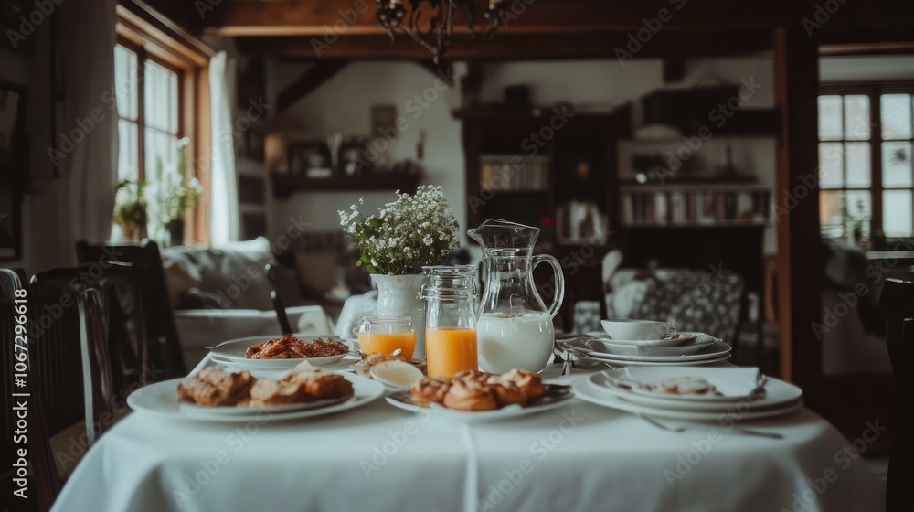 A cozy breakfast table set with pastries, drinks, and flowers in a warm, inviting setting. A cozy breakfast table set with pastries, drinks, and flowers in a warm, inviting setting.