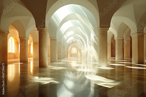 Sunlight streams through arches in a grand hall with reflective floor