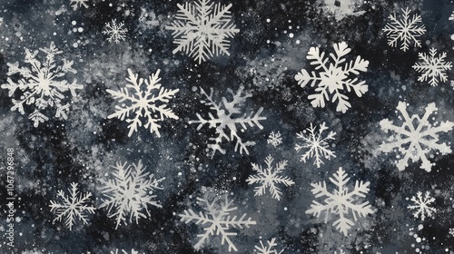 Abstract snowflake patterns in metallic silver and white against a dark background, giving a modern wintery feel.