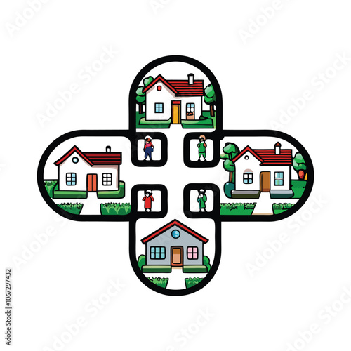 Design a vector illustration featuring a diverse array of houses, each representing a different family unit.