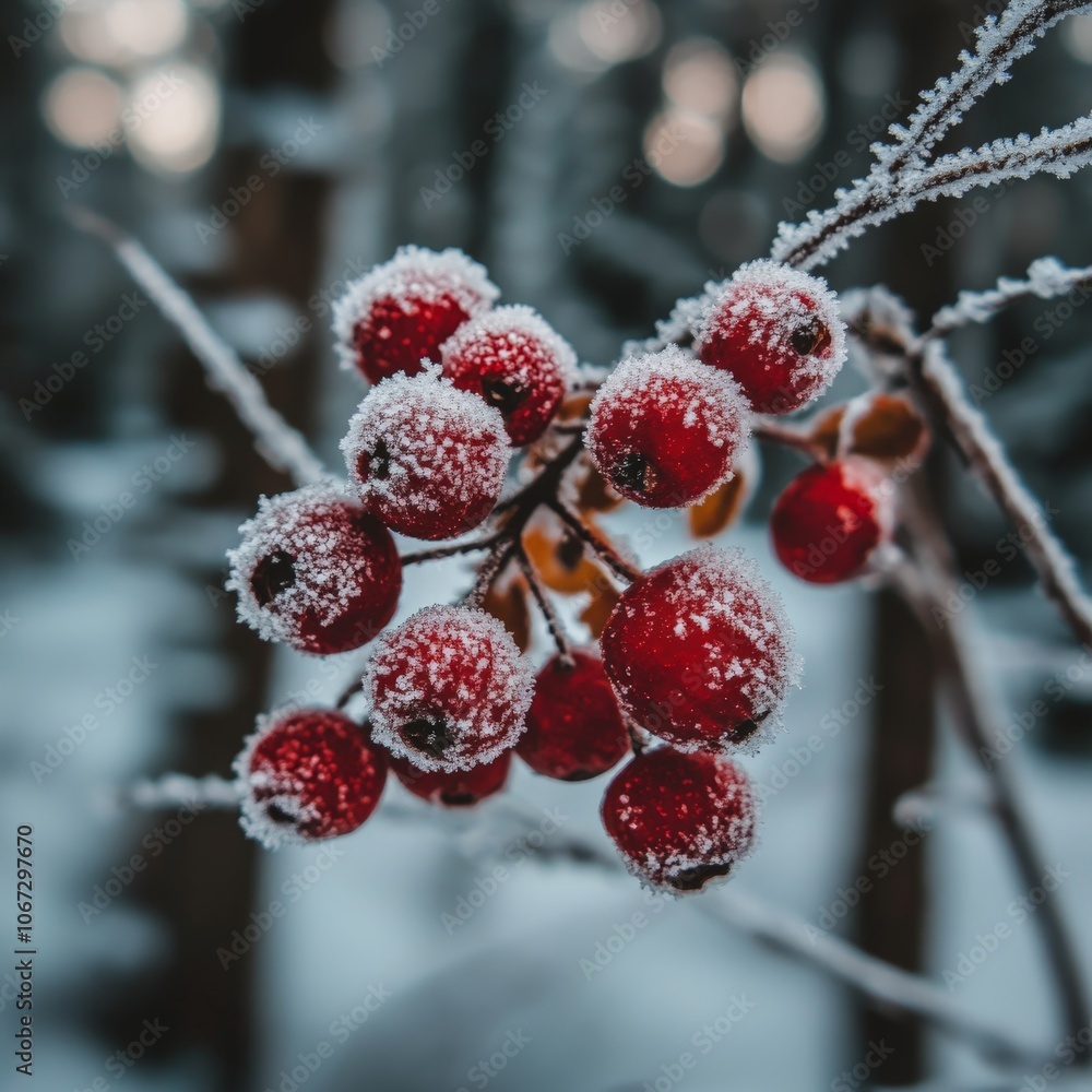 Frozen red Viburnum berries covered with snow, winter nature and frosty scene Frozen red Viburnum berries covered with snow, winter nature and frosty scene