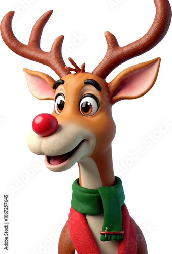 A cute cartoon reindeer with a red nose, wearing a green and red scarf. This friendly reindeer adds a cheerful holiday vibe and is ideal for Christmas decor. Transparent background. photo