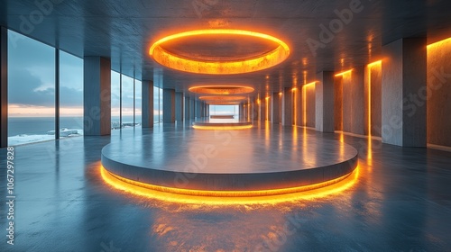 Modern Minimalist Interior with Circular LED Lighting and Panoramic Ocean View at Sunset