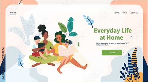 Family enjoying quality time together at home. Parents and children reading and using tablet surrounded by plants and abstract shapes. Website design template