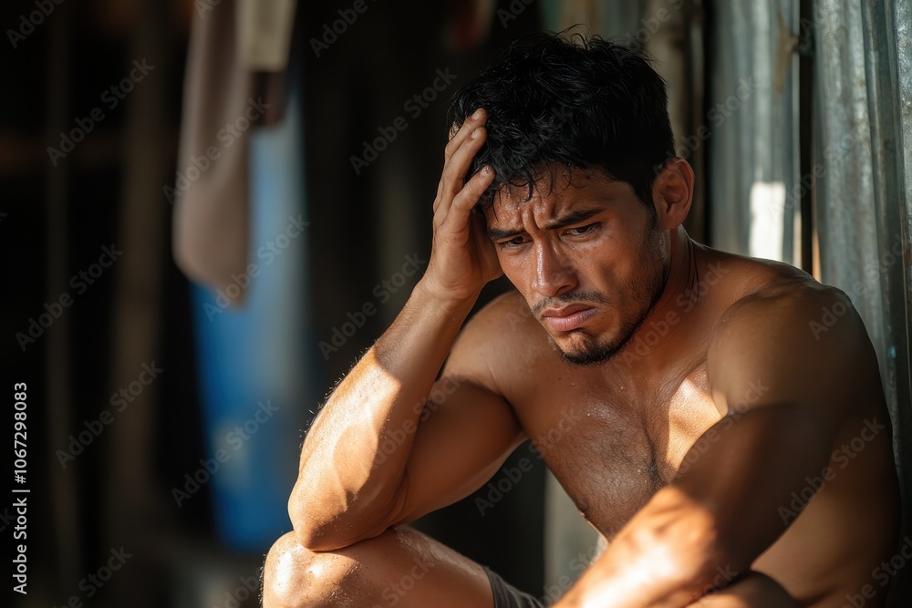 Seated in a rustic setting, natural warm light highlights a man deep in thought. His hand rests on his head as he contemplates, evoking a raw, emotional ambiance. Seated in a rustic setting, natural warm light highlights a man deep in thought. His hand rests on his head as he contemplates, evoking a raw, emotional ambiance.