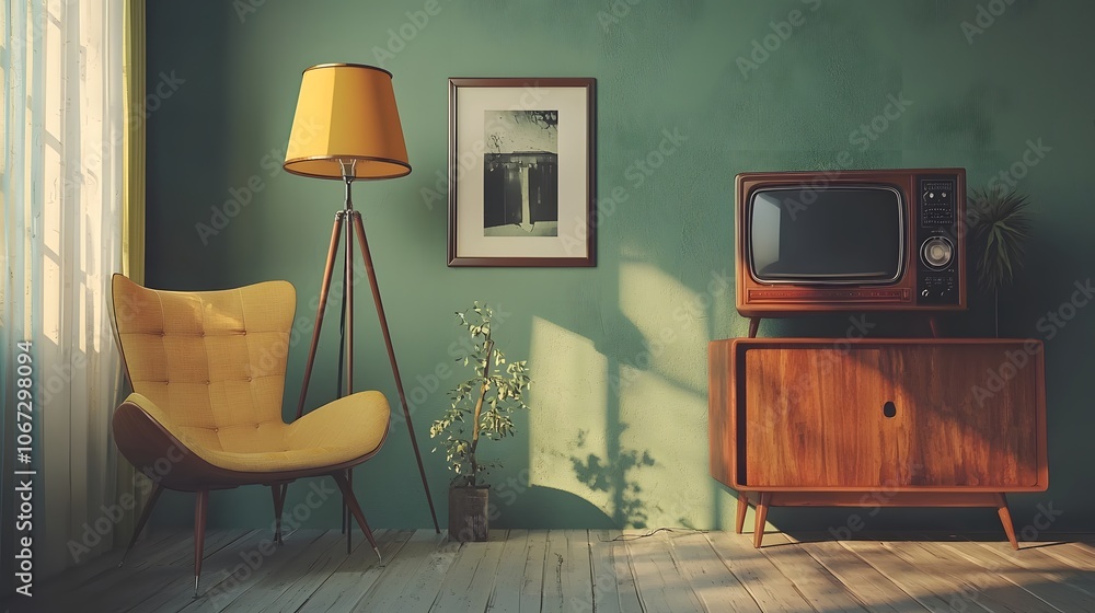 Mid-Century Modern Floor Lamp in a Retro Living Room Soft Yellow Light ...