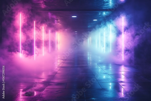 A futuristic corridor illuminated by neon lights with smoke and fog.