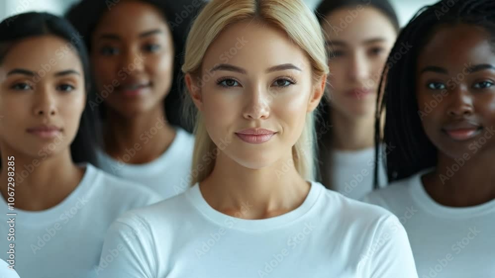 A group of multiethnic young women stands together confidently in a white studio, showcasing diversity and empowerment A group of multiethnic young women stands together confidently in a white studio, showcasing diversity and empowerment