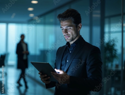 man business suit work with tablet