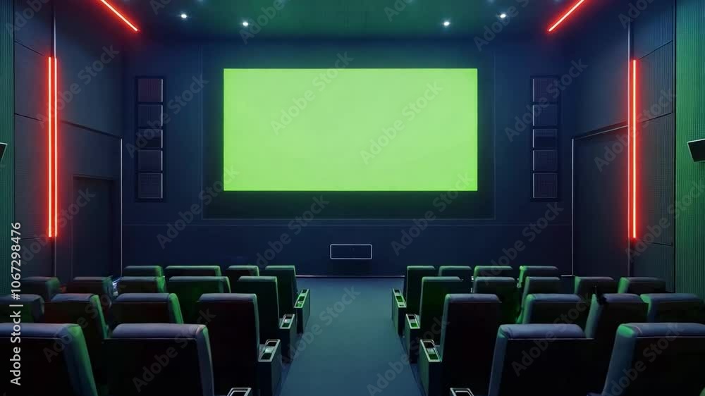 A contemporary cinema theater featuring a blank green screen, neon accents, and plush seats ready for viewers