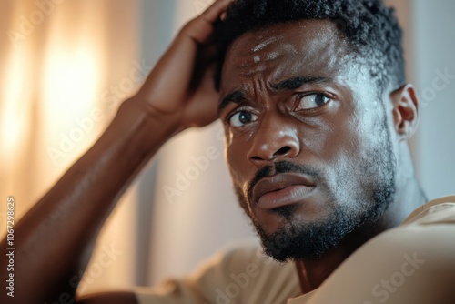 In a close-up view, a man displays a worried expression with his hand on his head, effectively capturing a moment filled with uncertainty and doubt. photo