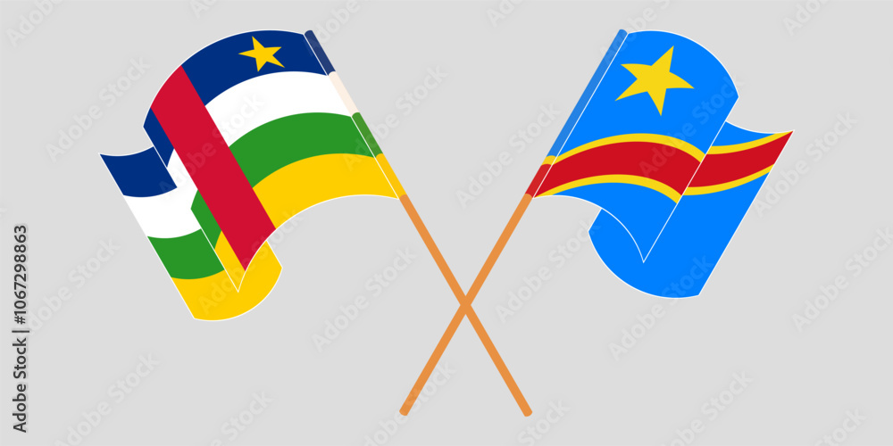 Crossed and waving flags of Central African Republic and Democratic Republic of the Congo. Vector illustration Crossed and waving flags of Central African Republic and Democratic Republic of the Congo. Vector illustration