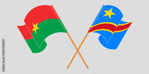 Crossed and waving flags of Burkina Faso and Democratic Republic of the Congo. Vector illustration