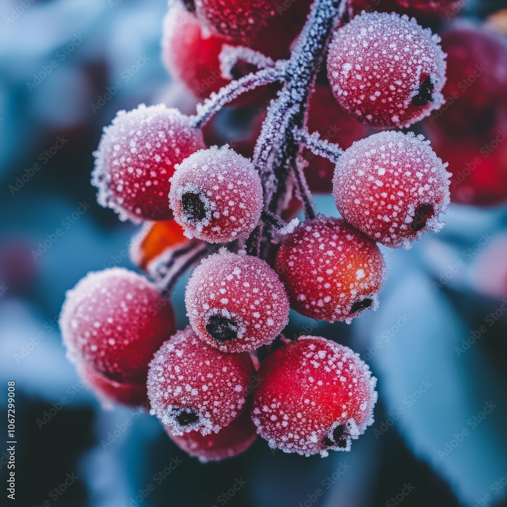 Frozen red Viburnum berries covered with snow, winter nature and frosty scene Frozen red Viburnum berries covered with snow, winter nature and frosty scene