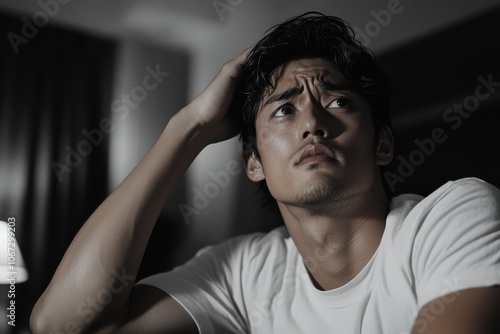 A young man wearing a white shirt under dramatic night shadows, evoking a sense of introspection, thoughtfulness, and artistic mystery in a personal moment. photo