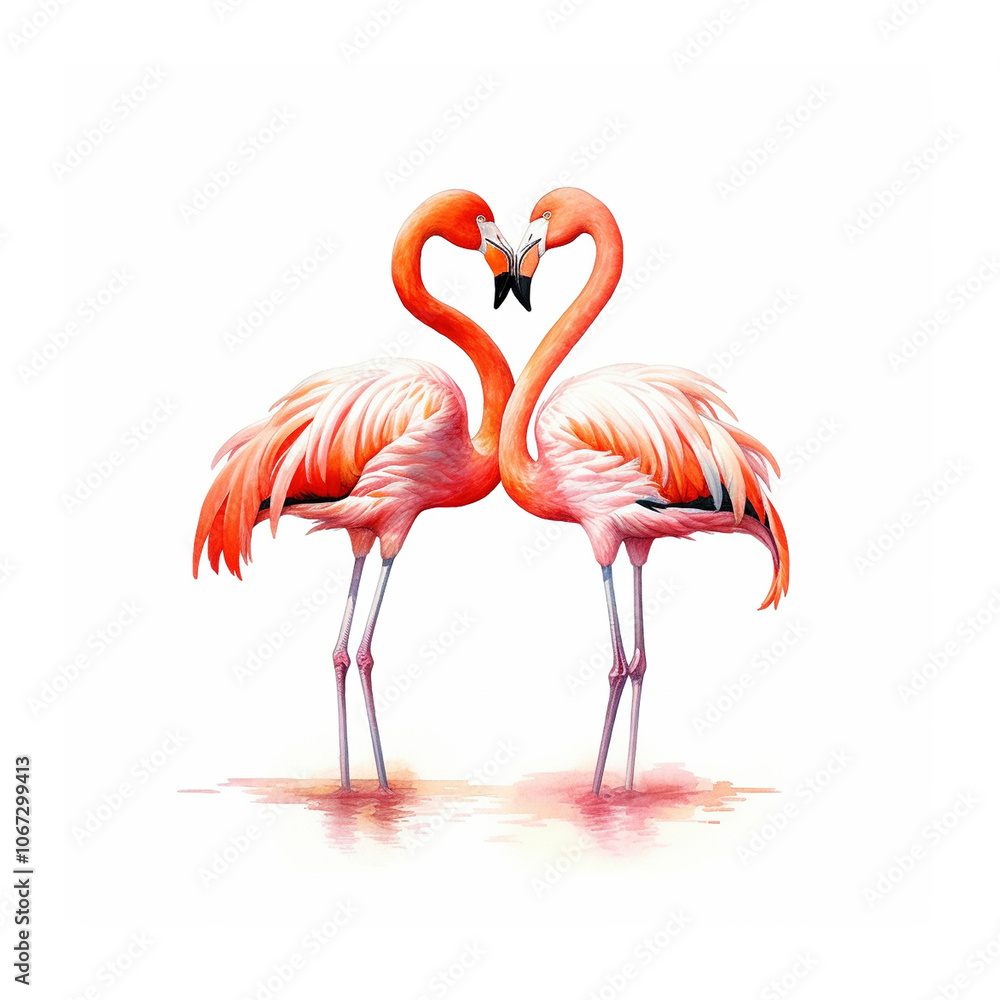 Obraz premium Two playful flamingos engaged in a lively soccer match on a pristine white background, showcasing their vibrant colors and spirited energy