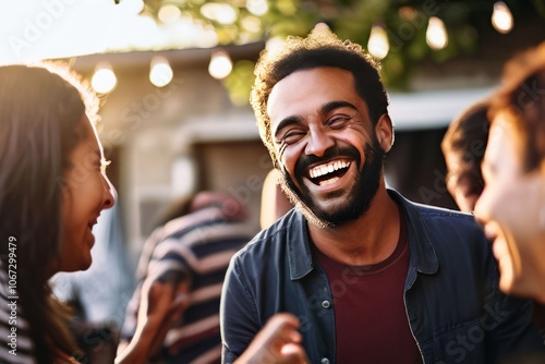 a jovial person exchanging pleasantries with a friend at a commu photo