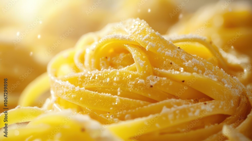 A close-up shot of pasta in a bowl with grated Parmesan cheese and spices on top. A close-up shot of pasta in a bowl with grated Parmesan cheese and spices on top.