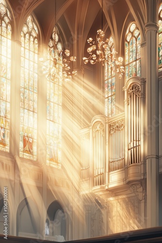 Sunlit cathedral interior with stained glass and massive organ photo