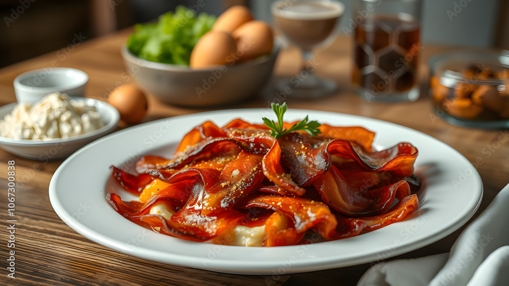 A plate of bacon is on a wooden table