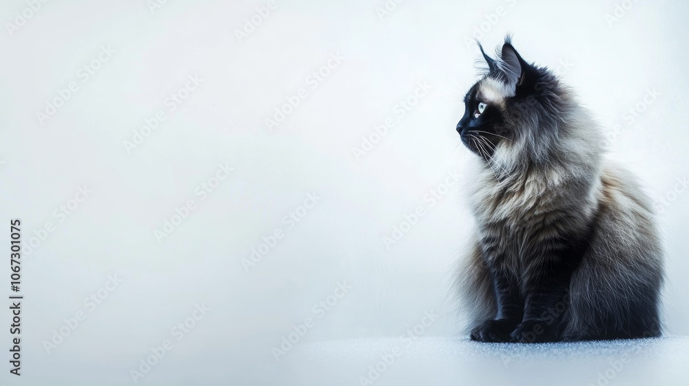 Fluffy Himalayan Cat in Calm Pose with Space for Text, Vibrant Eyes, Soft Fur, White Background, Ideal for Marketing or Informative Use Fluffy Himalayan Cat in Calm Pose with Space for Text, Vibrant Eyes, Soft Fur, White Background, Ideal for Marketing or Informative Use