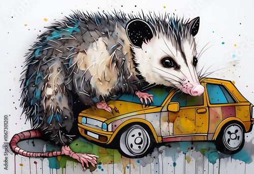 a opossum playing with a toy car creative art masterpiece intric photo