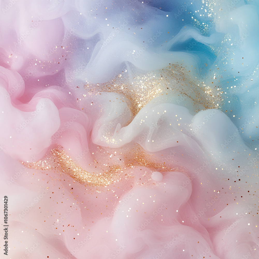 Fototapeta premium Luxurious Sparkling Texture with Merging Pale Pink, Light Blue, and Gold Inks with Delicate Shimmery Particles