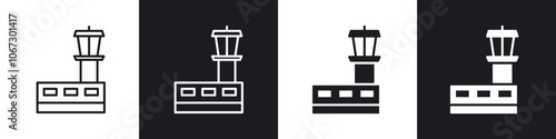 Flight control tower icon in thin outlined.