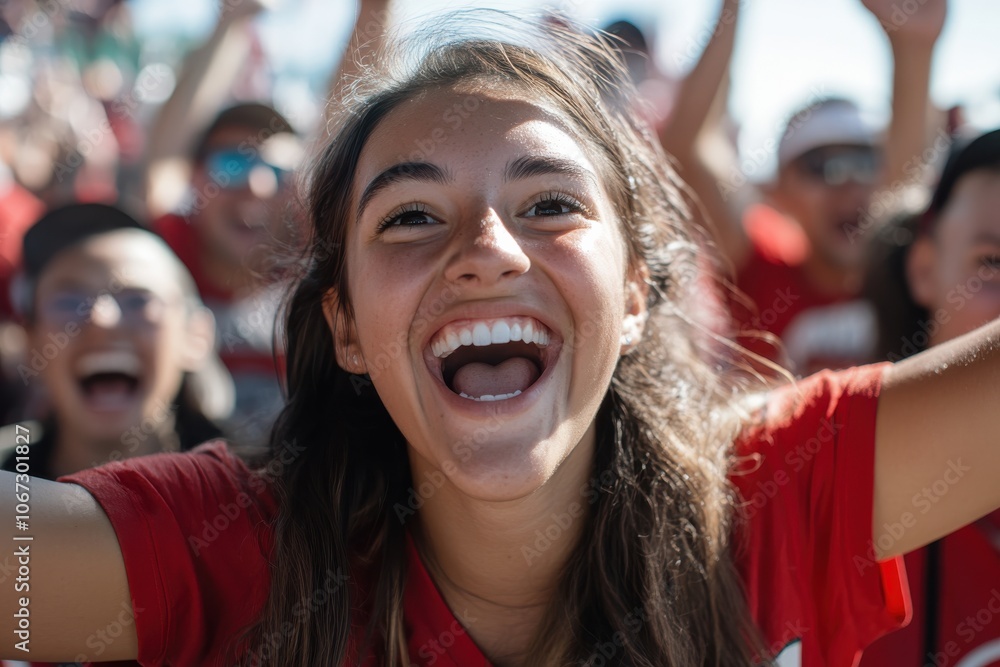 A young woman with bright eyes and a wide smile revels in joyful energy, surrounded by a dynamic crowd at an exciting outdoor event, her joy palpable and infectious. A young woman with bright eyes and a wide smile revels in joyful energy, surrounded by a dynamic crowd at an exciting outdoor event, her joy palpable and infectious.