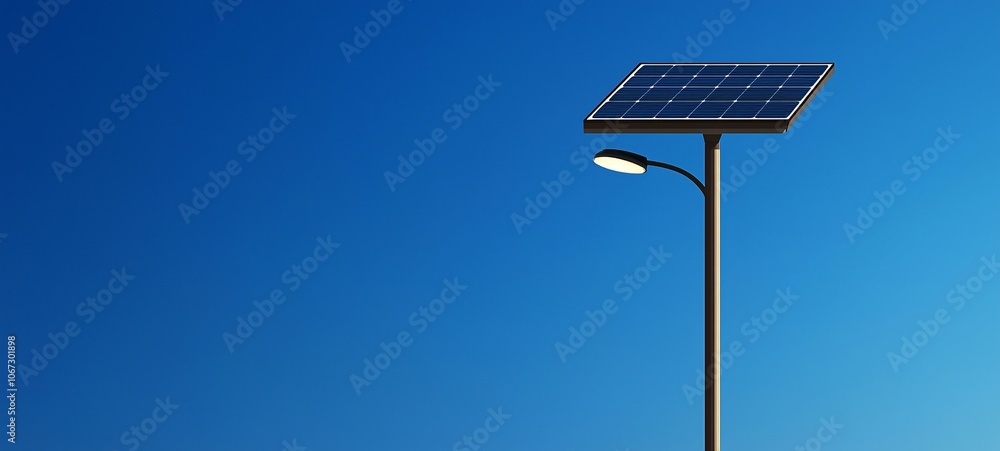 A modern solar street lamp against a clear blue sky, showcasing renewable energy in urban design. A modern solar street lamp against a clear blue sky, showcasing renewable energy in urban design.