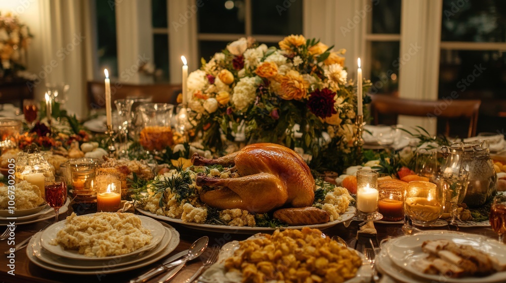 A Thanksgiving Feast with Roasted Turkey and Candlelight A Thanksgiving Feast with Roasted Turkey and Candlelight