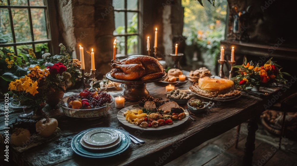 Naklejka premium A Rustic Table Setting with Roasted Turkey and Candlelight