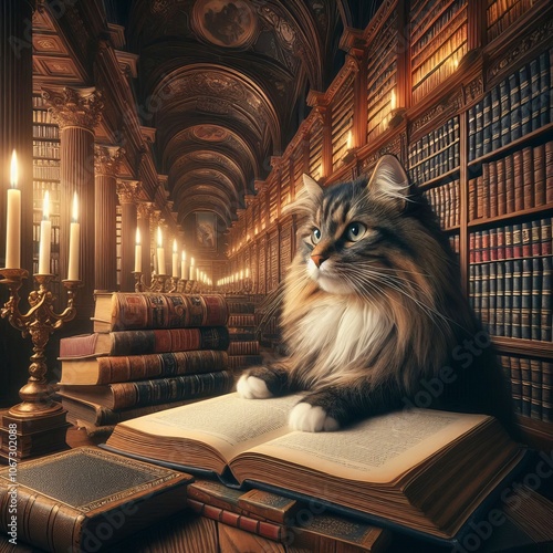 A Norwegian Forest cat organizing books in a grand library readi photo