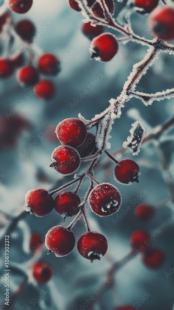 Frozen Viburnum Berries Covered in Frost on Winter Branch Frozen Viburnum Berries Covered in Frost on Winter Branch