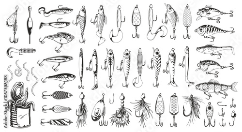 Display of various fishing lures and hooks